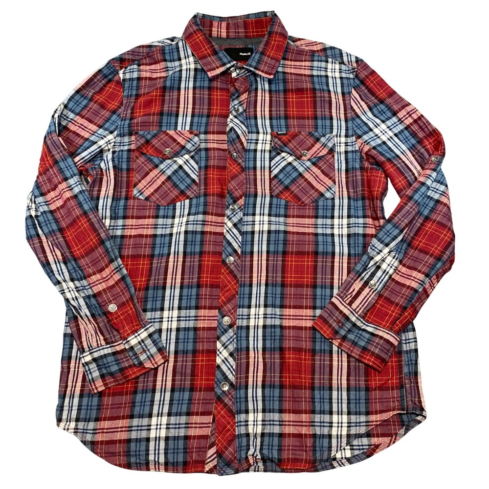 Hurley‎ Mens XL Red Blue Plaid Button Down Roll Tab Long Sleeve Shirt